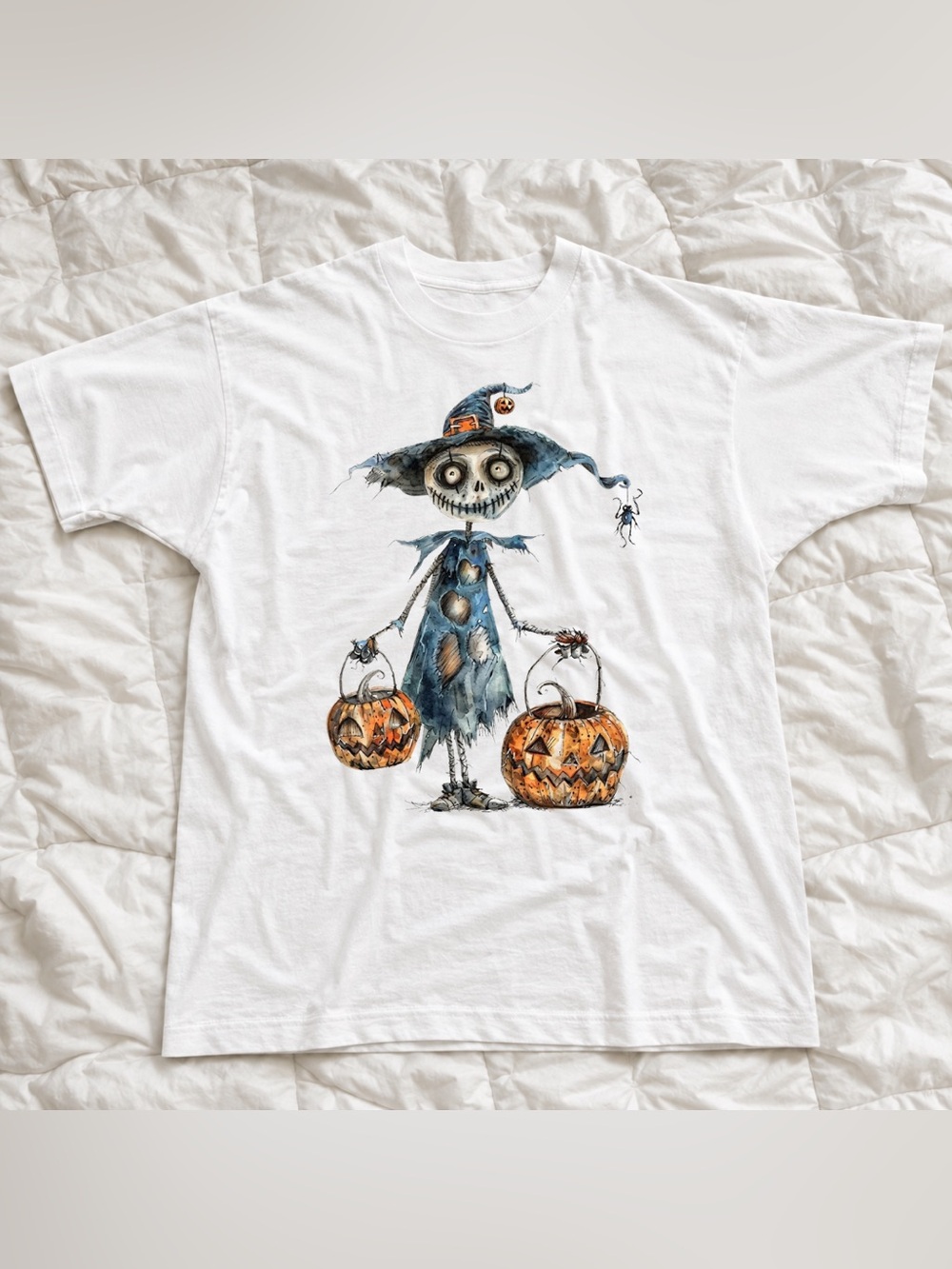 White Halloween Scarecrow Pumpkin Graphic Tee - Vintage Fun Trick or Treat Night